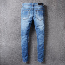 Mens Retro Ripped Slim Pleated Denim Jeans Classic Motorcycle Style Blue Stretch