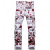 Mens White Cotton Denim Jeans Red Printed Punk Hip Hop Pants Trousers Breathable