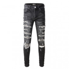 Men's Knee Hole Ripped Paisley Patchwork Patch Skinny fit Black Stretch Jeans