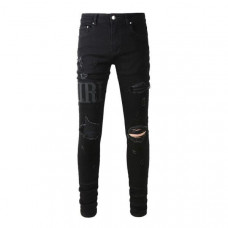 Mens Punk Ripped Letter PU Patchwork Frayed Skinny Fit Stretch Denim Black Jeans