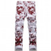 Mens White Cotton Denim Jeans Red Printed Punk Hip Hop Pants Trousers Breathable