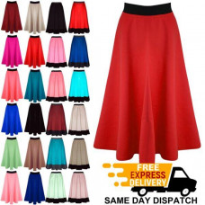 Womens Midi Skirt Ladies Mid Length Stretch Flared Skater Swing Long Scuba Skirt