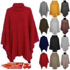 New Womens Ladies Grid Knitted Knitwear Wrap Polo Neck Poncho Jumper Cape Shawl